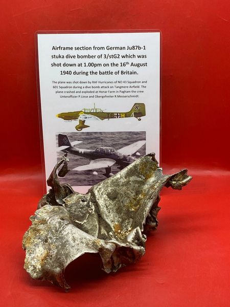 Very rare aluminium airframe section with lots of original paintwork from German Ju87b-1 stuka dive bomber shot down on the 16th August 1940 which crashed at Pagham during battle of Britain