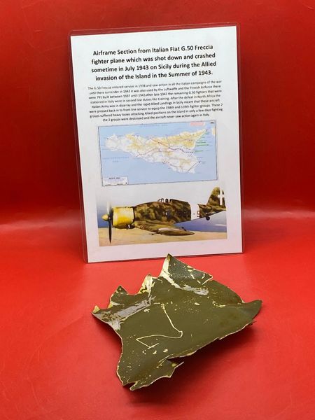 Airframe Section lovely condition with all original paintwork from Italian Fiat G.50 Freccia fighter plane which was shot down and crashed sometime in July 1943 on Sicily during the Allied invasion of the Island in the Summer of 1943.