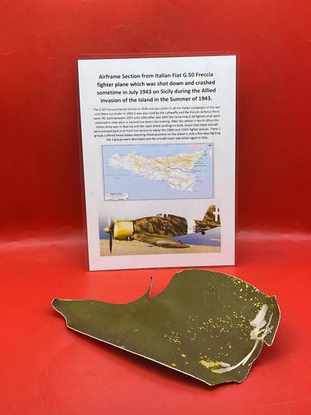 Larger airframe Section lovely condition with all original paintwork from Italian Fiat G.50 Freccia fighter plane which was shot down and crashed sometime in July 1943 on Sicily during the Allied invasion of the Island in the Summer of 1943.
