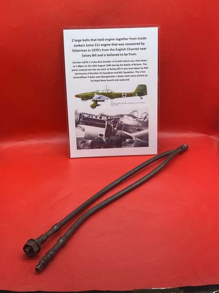 Large engine bolts with original colour from inside Junkers Jumo 211 engine on German Ju87b-1 stuka dive bomber which was shot down in the English channel on the 16th August 1940 during the Battle of Britain
