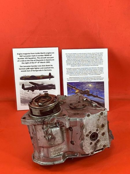 Very rare fantastic condition large engine magneto with many part numbers and maker markings from RAF Lancaster bomber mark 3 number PB563 shot down on the 5-6 March 1945 on a raid over Chemnitz in Saxony,Germany