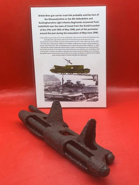 Complete track link with both pins used by British Bren gun carrier probably used by Gloucestershire,Oxfordshire-Buckinghamshire light infantry recovered from around the Town of Cassel,battle fought in May 1940 during the Dunkirk pocket