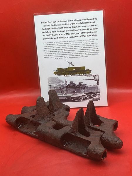 Complete pair of track links rusted solid used by British Bren gun carrier probably used by Gloucestershire,Oxfordshire-Buckinghamshire light infantry recovered from around the Town of Cassel,battle in May 1940 during the Dunkirk pocket