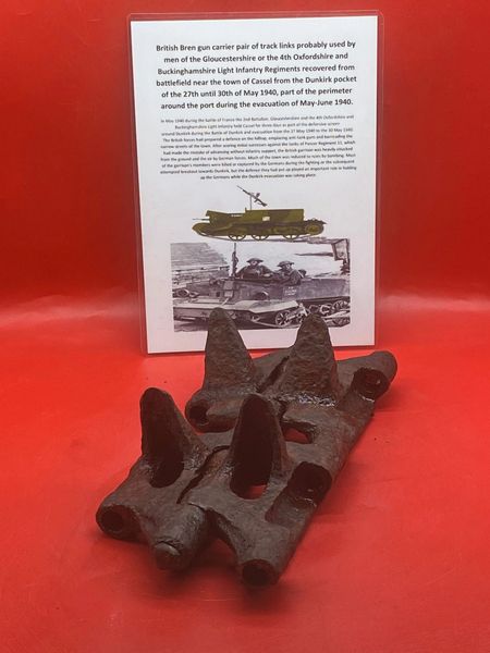 Complete pair of track links that still move used by British Bren gun carrier probably used by Gloucestershire,Oxfordshire-Buckinghamshire light infantry recovered from around the Town of Cassel,battle in May 1940 during the Dunkirk pocket