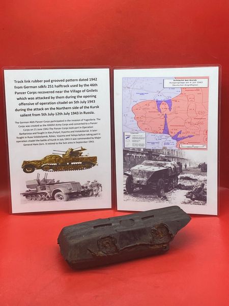 Track link grooved pattern rubber shoe dated 1942,maker marked with damage from German sdkfz 251 halftrack used by 46th Panzer Corps recovered near Gnilets attacked by them on 5th July 1943 during the attack on the Kursk salient