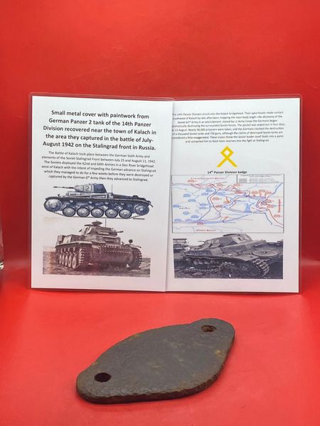 Small metal cover with original gray paintwork from German Panzer 2 tank of the 14th Panzer Division recovered near the town of Kalach in the area they captured in the battle of July-August 1942,Stalingrad front