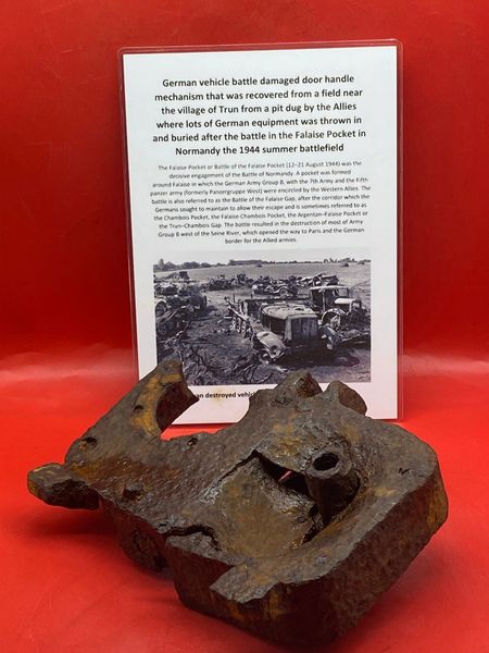 Battle damaged door handle box from a German vehicle recovered from a field near Trun a pit dug by the allies where lots of German equipment buried after the battle in the Falaise Pocket, Normandy in France 1944