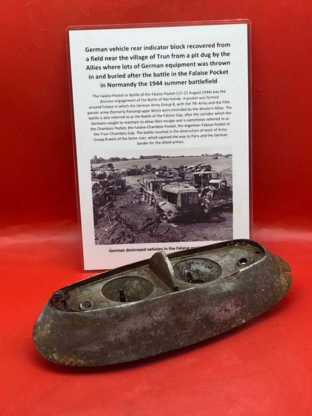 German vehicle rear indicator block with electrical parts recovered from a field near Trun a pit dug by the allies where lots of German equipment buried after the battle in the Falaise Pocket, Normandy in France 1944