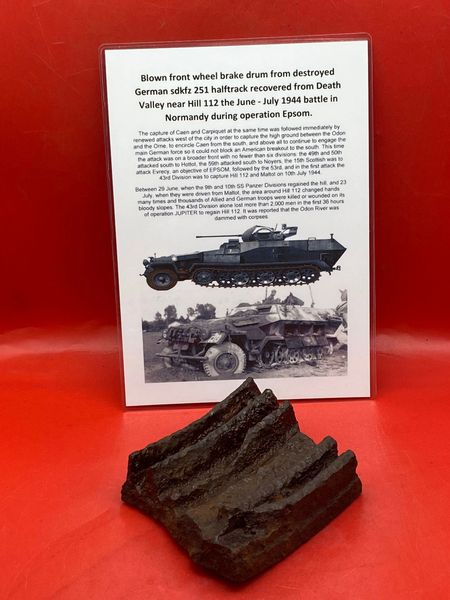 Blown section of brake drum from destroyed German sdkfz 251 half track recovered from Death Valley near Hill 112 the battle during operation Epsom in June 1944 on the Normandy battlefield