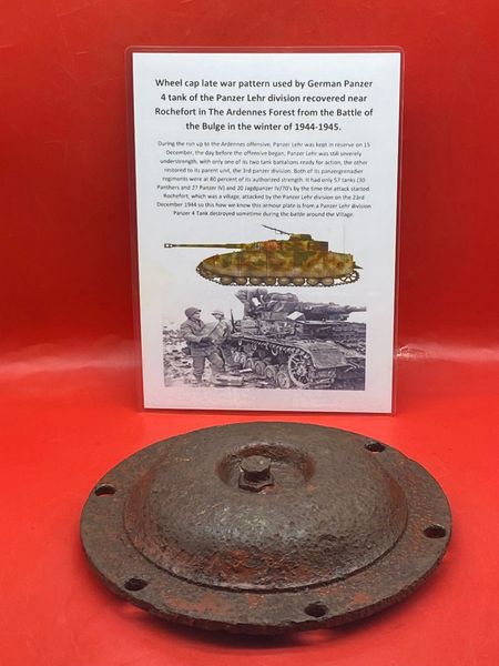 Late war pattern wheel cap with lots of original paintwork used by a German Panzer 4 tank of the Panzer Lehr division recovered near Rochefort in The Ardennes Forest from the Battle of the Bulge in the winter of 1944-1945.