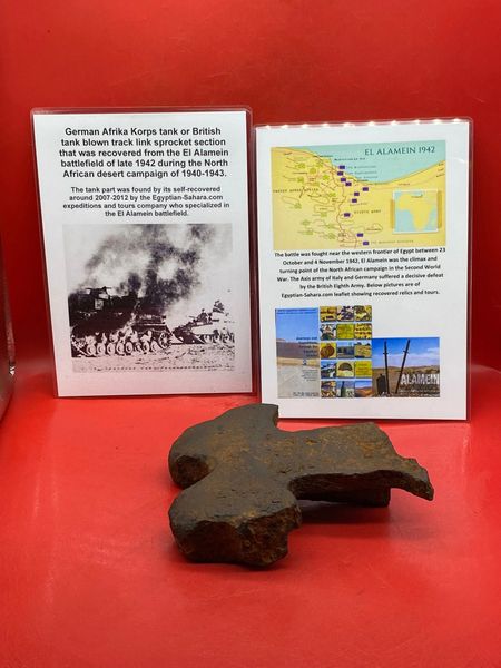 Very rare German Afrika Korps tank or British tank blown sprocket section that was recovered from the El Alamein battlefield of late 1942 during the North African desert campaign of 1940-1943.