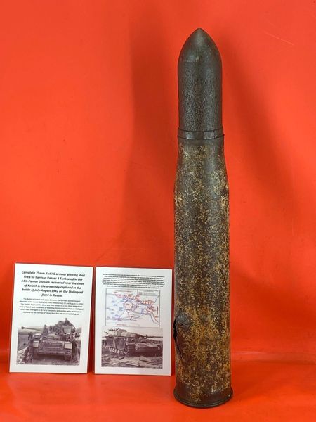 Complete 75mm KwK40 armour piercing shell with steel shell case fired by German Panzer 4 tank of the 14th Panzer Division recovered near the town of Kalach in the area they captured in the battle of July-August 1942,Stalingrad front