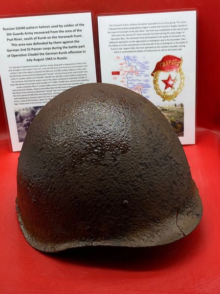 Russian SSh40 Helmet worn by soldier of the 5th Guards Army solid relic condition that was recovered from Psel River area,south of Kursk defended by them against German 2nd SS Panzer corps during the German Kursk offensive in July-August 1943