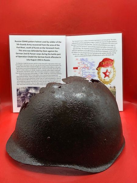Russian SSh40 Helmet worn by soldier of the 5th Guards Army solid relic condition,lots of green paintwork recovered from Psel River,south of Kursk defended by them against German 2nd SS Panzer corps during the German Kursk offensive in July-August 1943