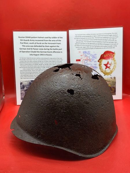 Russian SSh40 Helmet worn by soldier of the 5th Guards Army solid relic condition that was recovered from Psel River area,south of Kursk defended by them against German 2nd SS Panzer corps during the German Kursk offensive in July-August 1943