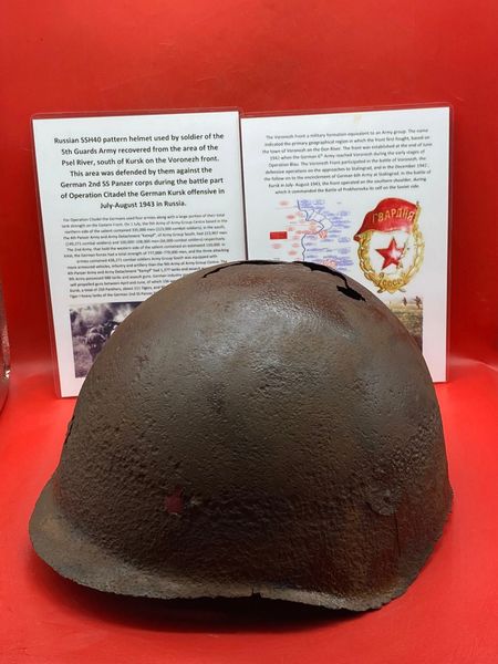 Russian SSh40 Helmet worn by soldier of the 5th Guards Army solid relic with green paintwork remains,blast crack recovered from Psel River area,south of Kursk defended by them against German 2nd SS Panzer corps in Kursk offensive in July-August 1943