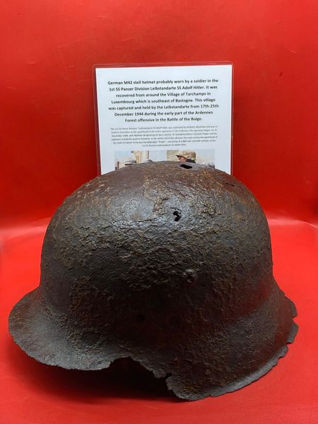 Very rare German M42 steel helmet solid relic probably worn by soldier in 1st SS Panzer Division Leibstandarte SS Adolf Hitler, recovered from Tarchamps area in Luxembourg near Bastogne from the 17th-25th December 1944 battle of Bulge