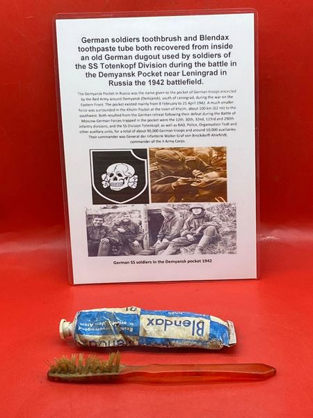 German complete toothbrush and Blendax toothpaste tube still full used by soldiers in the SS Totenkopf Division recovered from old German SS dugout in the Demyansk Pocket near Leningrad in Russia,1942 battlefield