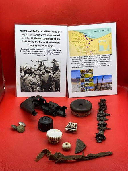 Very rare German Afrika Korps soldiers’ relics and equipment very nice clean parts which were all recovered from the El Alamein battlefield of late 1942 during the North African desert campaign of 1940-1943.