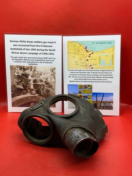 Very rare German Afrika Korps soldiers gas mask maker,marked Berlin dated 1941 still original colours that was recovered from the El Alamein battlefield of late 1942 during the North African desert campaign of 1940-1943.