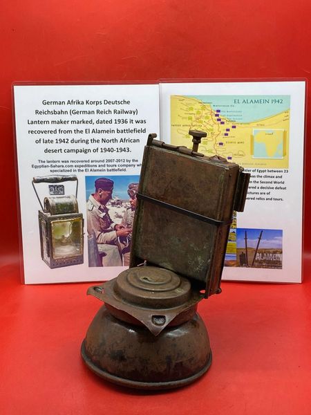 Very rare German Afrika Korps not complete Deutsche Reichsbahn[Reich Railway Lantern]maker marked dated 1936,waffen stamped,original colours,recovered from the El Alamein battlefield of late 1942 during the North African desert campaign of 1940-1943.