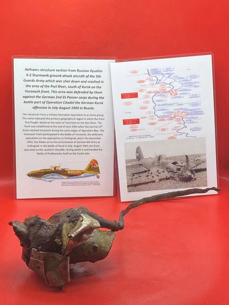 Airframe structure section with paintwork remains from Russian Ilyushin Il-2 Sturmovik ground attack aircraft of the 5th Guards Army,shot down and crashed Psel River area near Kursk on the Voronezh front the July-August 1943 battle in Russia.