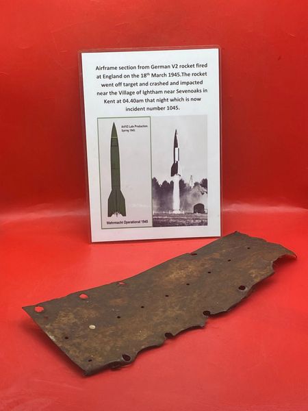 Solid airframe section rusty with paintwork remains from German V2 rocket fired at England on the 18th March 1945 it went off target and crashed near the Village of Ightham near Sevenoaks in Kent at 04.40am that night which is now incident number 1045.