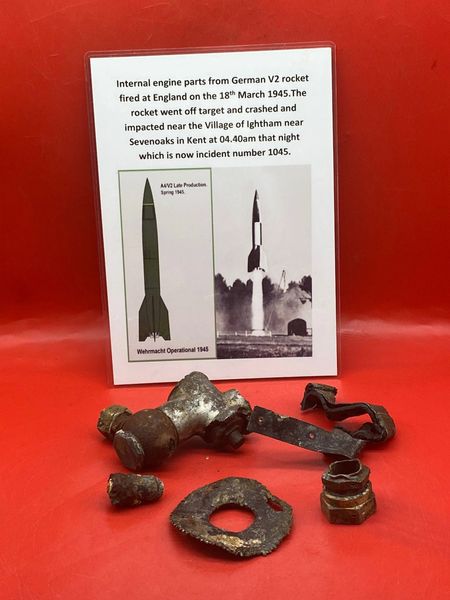 Group of internal engine parts,pipework parts and fittings from German V2 rocket fired at England on the 18th March 1945 it went off target and crashed near the Village of Ightham near Sevenoaks in Kent at 04.40am that night,incident number 1045.