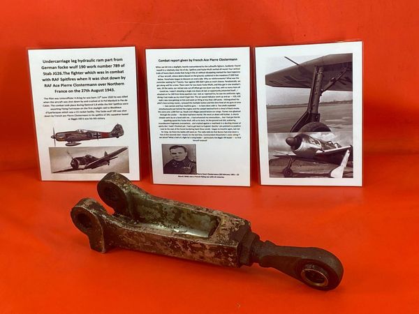 Fantastic condition undercarriage leg hydraulic ram part,maker marked,completely recognizable from German Focke wulf 190 work number 789 of Stab JG26, shot down by RAF Ace Pierre Clostermann over France on the 27th August 1943.