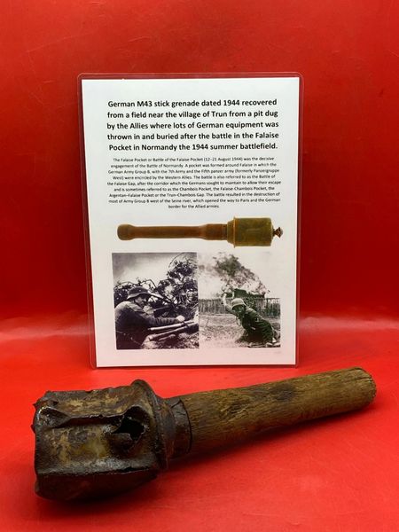 Rare German near complete M43 stick grenade,dated 1944+paintwork remains, nice solid relic recovered from a field near Trun a pit dug by the allies where lots of German equipment buried after the battle in the Falaise Pocket, Normandy in France 1944