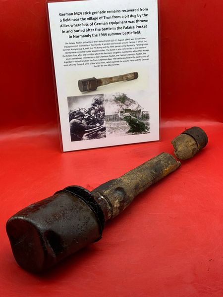 Rare German near complete M24 stick grenade with green paintwork, nice solid relic recovered from a field near Trun a pit dug by the allies where lots of German equipment buried after the battle in the Falaise Pocket, Normandy in France 1944