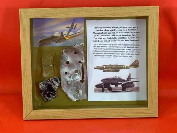 Glass framed large airframe and engine parts,perspex from German Messerschmitt 262 jet plane flown by Stabsfeldwebel Hans Zander it was shot down on the 9 December 1944 over Germany by American fighters