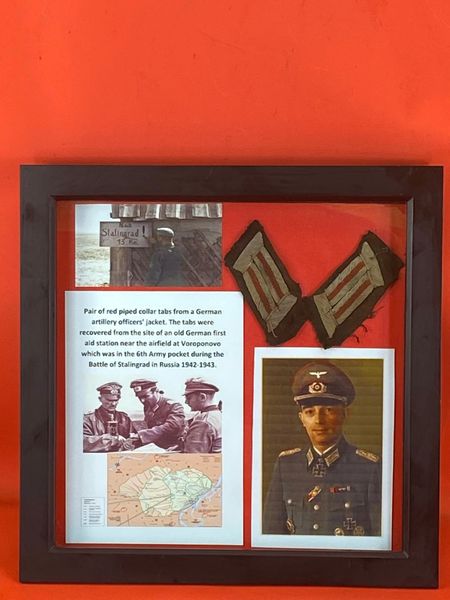 Glass framed very rare German red piped collar tabs from artillery officers jacket in solid relic condition recovered from the airfield at Voroponovo in the 6th Army pocket,Battle of Stalingrad from 1942-1943