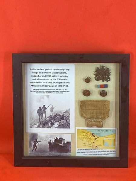 Very rare Glass framed British soldiers relics in lovely condition all recovered from the El Alamein battlefield of late 1942, during the North African desert campaign of 1940-1943.