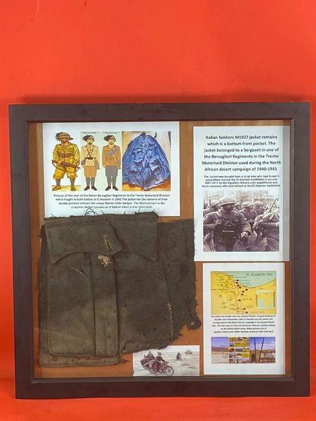Very rare glass framed Italian Soldiers M1937 jacket remains which is a front bottom pocket belonging to a Sergeant in one of the Bersaglieri Regiments in the Trento Motorised Division used during the North African desert campaign of 1940-1943.