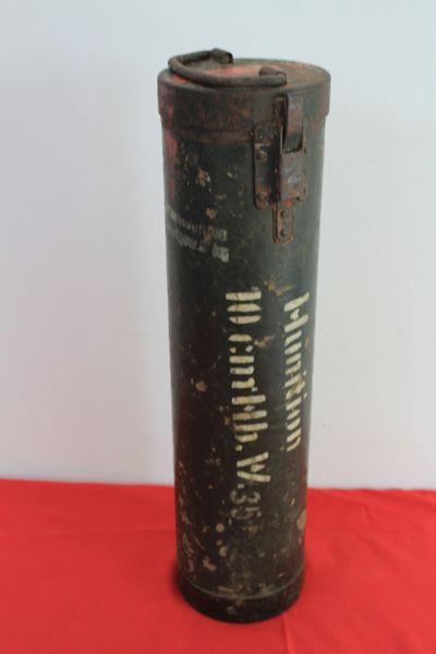 Super rare card & metal container for one round of 10cm Mortar ammunition from the Nebelwerfer 35. Recovered in Normandy in June 2023
