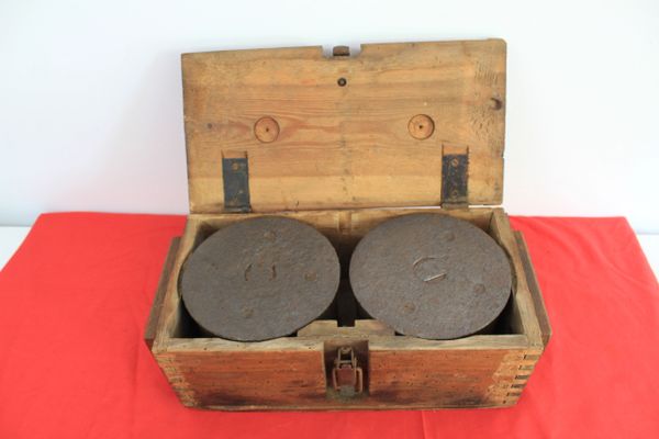 Wooden ammunition box & 2 relic steel cases for the sIG33 heavy infantry gun recovered in the Ardennes area of Belgium