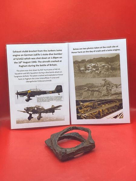 Rare exhaust stubb bracket from the side of the junkers jumo engine on German Ju87b-1 stuka dive bomber shot down on the 16th August 1940 which crashed at Pagham during battle of Britain