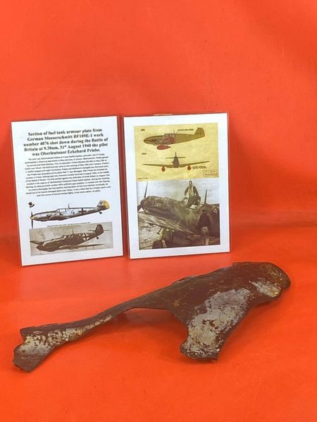 Very rare section of fuel tank armour plate a blown section with original paintwork from German Messerschmitt BF109E-1 work number 4076, shot down, 31st August 1940, crashed at Elham during the battle of Britain.