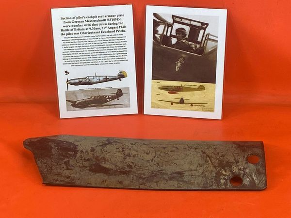 Very rare section of pilots cockpit seat armour plate a blown section with original paintwork,part numbered from German Messerschmitt BF109E-1 work number 4076, shot down, 31st August 1940, crashed at Elham during the battle of Britain.