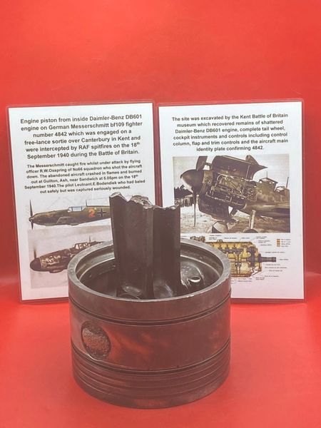 Very rare engine Piston fantastic condition all original colour,maker markings from 601 Daimler Benz engine on German Messerschmitt bf109 fighter number 4842,shot down over Canterbury in Kent on the 18th September 1940 during the Battle of Britain