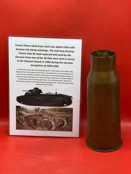 French 47mm SA35 brass shell case dated 1935+ rare ink stamp markings fired by French Char B1 tank captured and used by the German Army one of the 36 that were sent to Jersey in the Channel Islands in 1942 during the German occupation of 1940-1945.