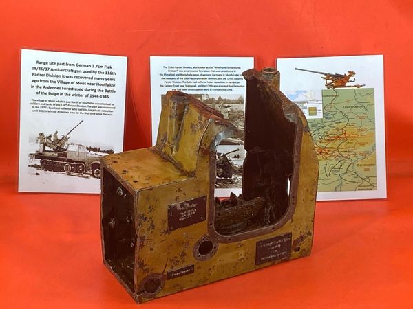 Fantastically rare,lovely condition with original paintwork and maker labels range site part from German 3.7cm flak anti-aircraft gun used by 116th Panzer Division recovered from the Village of Mont near Houffalize the Battle of the Bulge in 1944-1945.