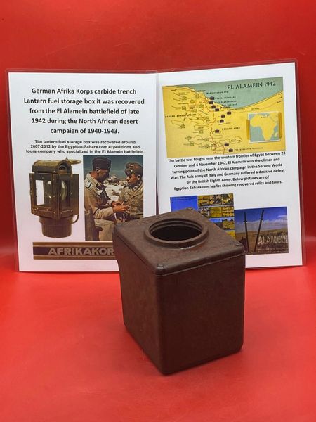 Very rare German Afrika Korps carbide trench lantern fuel storage box maker marked,waffen stamped,original colours,recovered from the El Alamein battlefield of late 1942 during the North African desert campaign of 1940-1943.