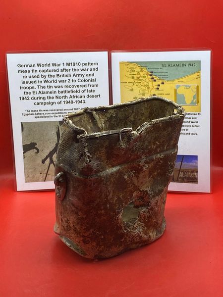 Very rare WW1 German M1910 mess tin captured and re used by the British issued to colonial troops, battle damaged still original colours that was recovered from the El Alamein battlefield of late 1942 during the North African desert campaign of 1940-1943.