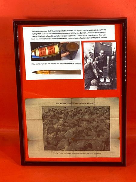 Glass framed display Rare German propaganda Ukrainian printed leaflet for use against Russian soldiers in the Ukraine telling them to use this leaflet to change sides and fight for the German Army recovered from Factory site in Poland