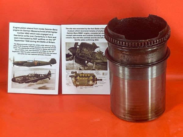 Very rare engine piston sleeve with original colours fantastic condition from 601 Daimler Benz engine on German Messerschmitt bf109 fighter number 4842 which was shot down over Canterbury in Kent on the 18th September 1940 during the Battle of Britain.