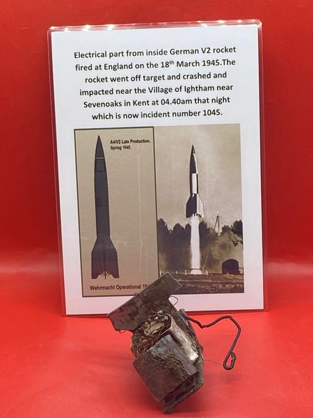 Rare internal electrical part with lots of original colours and well cleaned from inside from German V2 rocket fired at England on the 18th March 1945 and crashed near the Village of Ightham near Sevenoaks in Kent at 04.40am,incident number 1045.