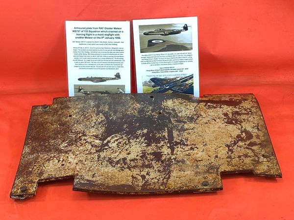 Large armoured plate panel with original paintwork, dated 1953 from RAF Gloster Meteor WS727 of 153 Squadron which crashed on a training flight in a mock dogfight with another Meteor on the 9th January 1956.