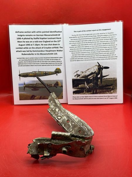 Rare airframe section with white painted identification insignia paintwork remains from German Messerschmitt bf 109E-4 piloted by Staffel Kapitan Leutnant Horst Marx shot down 15th August 1940 and crashed at Frant in Sussex